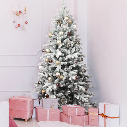 5FT/7FT Artificial Christmas Tree Holiday Decoration Flocked Xmas Tree with Sturdy Metal Stand Auto-Spread/Close up