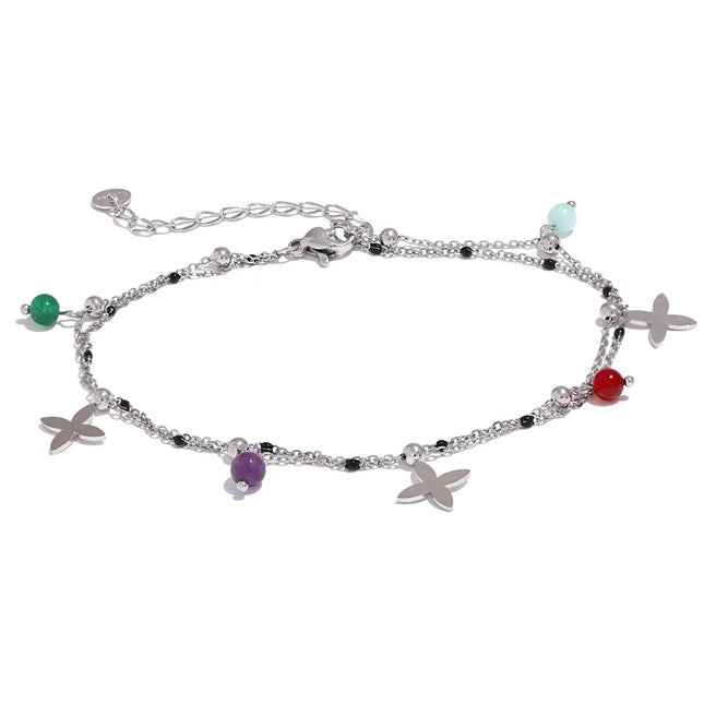 Yhpup Colorful Natural Stone Bead Flower Chain Stainless Steel Beach Anklet for Women Exquisite Summer Jewelry Bijoux Femme