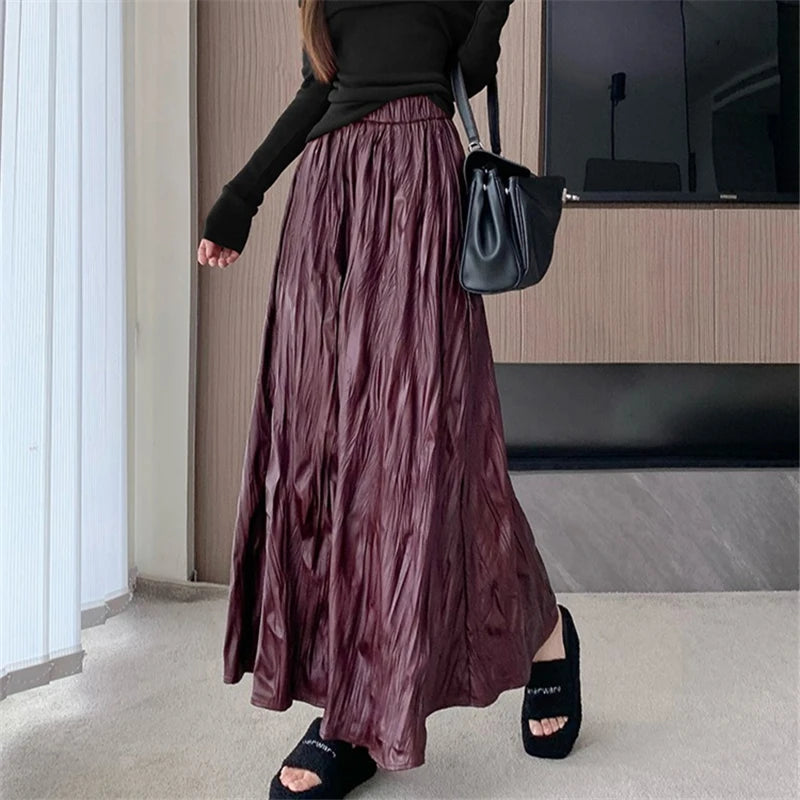Seoulish Autumn Winter Vintage PU Women's Long Skirts Solid High Waist Korean Pleated Umbrella Skirts Female 2024 New