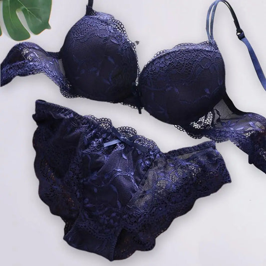 2 Pcs/Set Women Underwear Set Bra Panties Set Lace Push Up Elastic Deep V Neck Soft Padded Lady Intimate Clothes With Wire