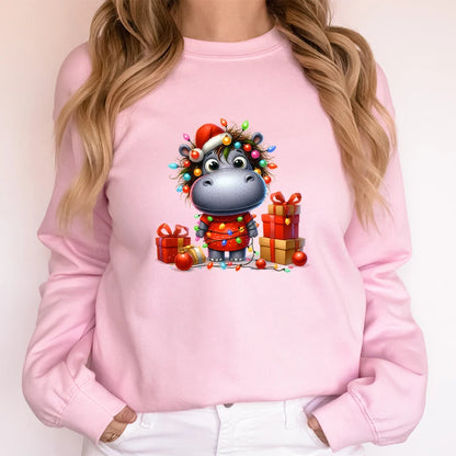 Christmas Santa Hippo Trending Sweatshirts Festive Hippo Lights Design Hoodies Women Cute Animal Lovers Gift Holiday Sweatshirt