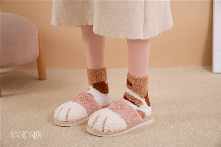 BEVERGREEN Winter Cute Cat Paw Designer House Women Fur Slippers Floor Mute Bedroom Lovers Warm Plush Shoes Indoor Fluffy Slides