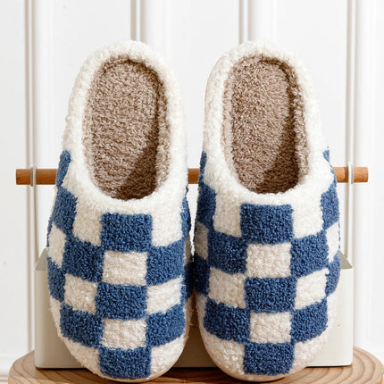 Fuzzy Women Men Slippers Fashion Checker Embroidery Houseshoes Cozy Fluffy House Retro Checkered Print Winter Home Shoes
