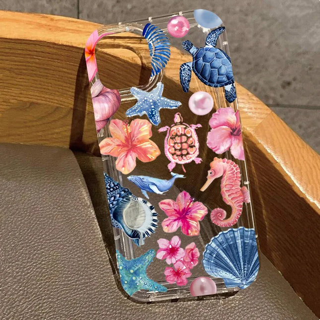 Transparent Turtle Lobster Coconut Print Case For iPhone 16E 16 15 14 13 12 11 Pro Max Mini Soft Covers