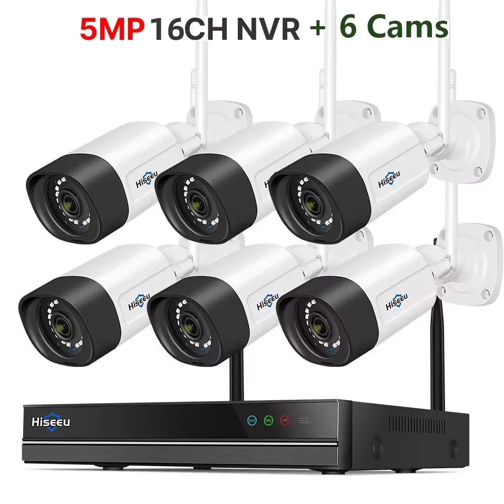 Hiseeu H.265 16CH NVR 5MP Wifi Surveillance Camera System Color Night Human Motion 2 Way Audio WiFi Outdoor Security Cameras Set