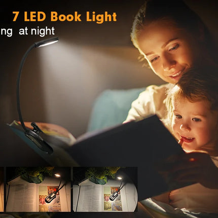7 LED Book Light USB Rechargeable Reading Light 3-Level Warm Cool White Daylight Portable Flexible Easy Clip Night Reading Lamp