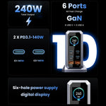 240W GaN Charger 6-IN-1 140W PD3.1 PPS USB Type C Digital Display Fast Charging Station for iPhone 16 15 MacBook Laptops Samsung