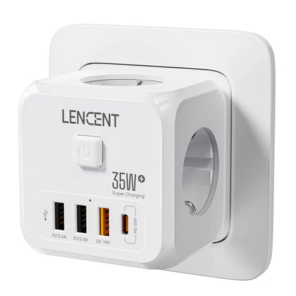 LENCENT Wall Socket Extender with 3 AC Outlets 3 USB Ports And1 Type C 7-in-1 EU Plug Charger On/Off Switch for Home