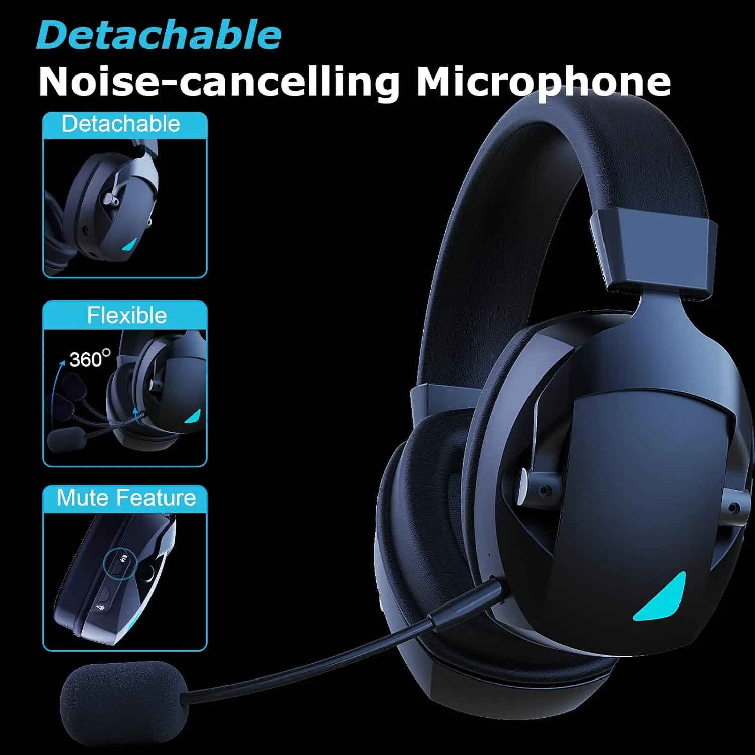 Wireless Gaming Headset with Detachable Noise Cancelling Microphone,2.4G Bluetooth-USB-3.5mm Wired Jack 3 Modes for Multi-device