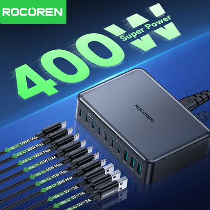 Rocoren 400W USB Type C Gan Charger Portable 10 in 1 Desktop Power Station Type-C Fast Charger For iPhone 16 Pro Max MacBook Air