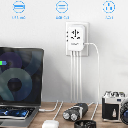 LENCENT 65W/100W GaN International Travel Adapter with 2USB 3 Type C GaN Fast Charging Adapter with EU AU US UK Plug for Travel
