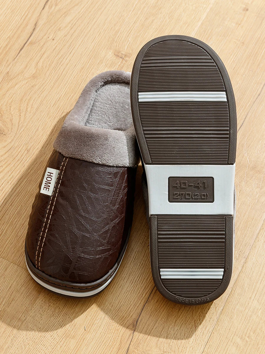 Men's Big Size Winter slippers Indoor PU Leather Home Waterproof Fluffy Casual Slides Men Bedroom Comfy Shoes Houseshoes