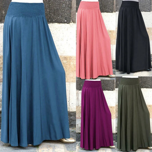 Women Long Muslim Skirt Fashion Casual Elegant High Waist Cotton Pleated Maxi Skirt Clothing Vintage A-line Loose Long Skirts