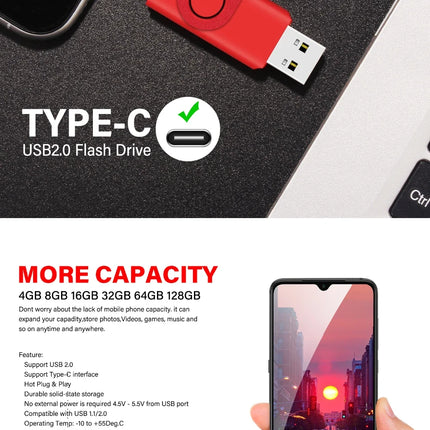 TYPE-C USB Flash Drive 128GB Real Capacity Pen Drive 64GB Free Key Chain Memory Stick Creative Business Gift Red U Disk Blue 32G