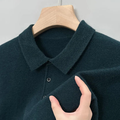 Autumn and Winter New Warm Soft Pullover Men's Business Lapel Knitwear Casual Solid Color Long Sleeve Polo Shirt Office