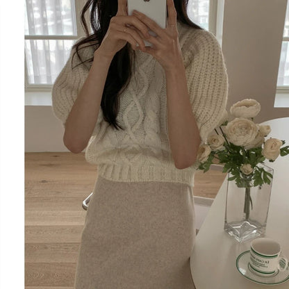 summer autumn Women's Knitted Pullover Fashion puff Sleeve solid Sweater crop Top Elegant loose Lapel Knitted Pullover gray Tops