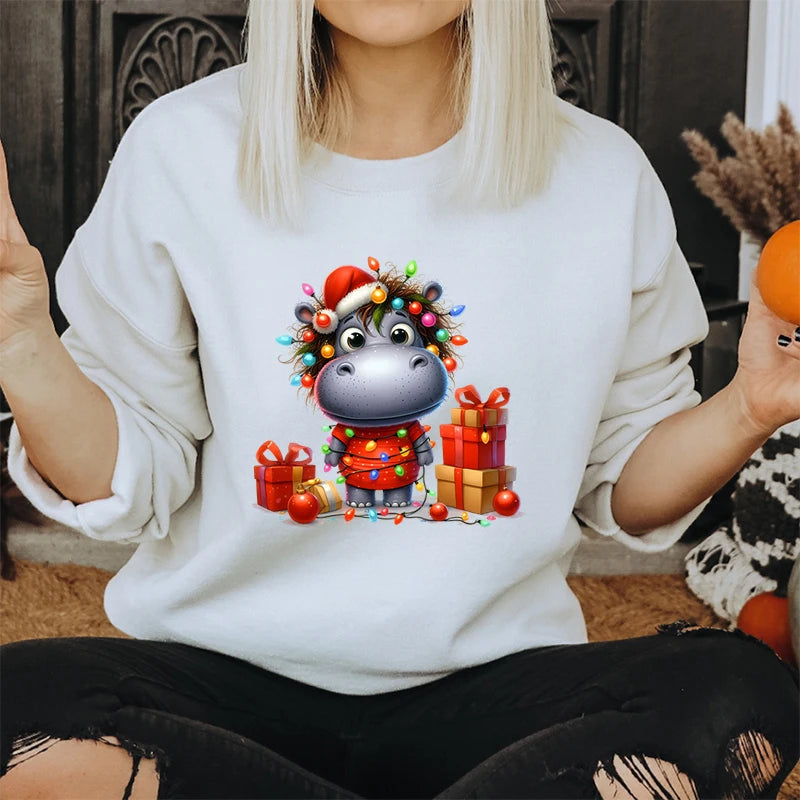 Christmas Santa Hippo Trending Sweatshirts Festive Hippo Lights Design Hoodies Women Cute Animal Lovers Gift Holiday Sweatshirt