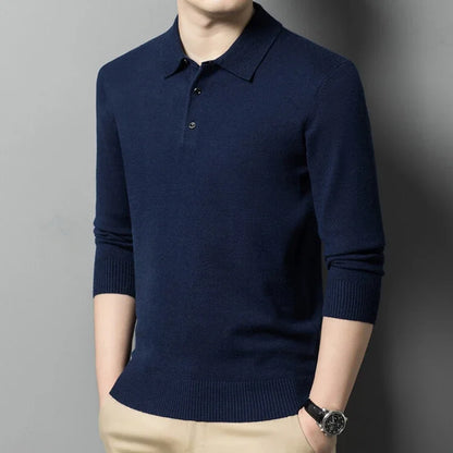 Autumn and Winter New Warm Soft Pullover Men's Business Lapel Knitwear Casual Solid Color Long Sleeve Polo Shirt Office