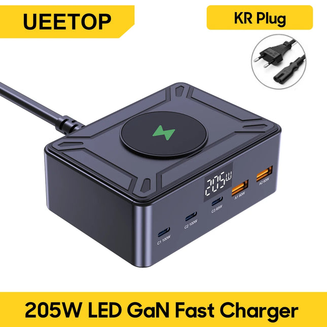 Ueetop 205W GaN Charger Digital Display Desktop USB Type C Charger PD 100W PPS 45W QC4.0 Fast Charging For Laptop Tablet Phone