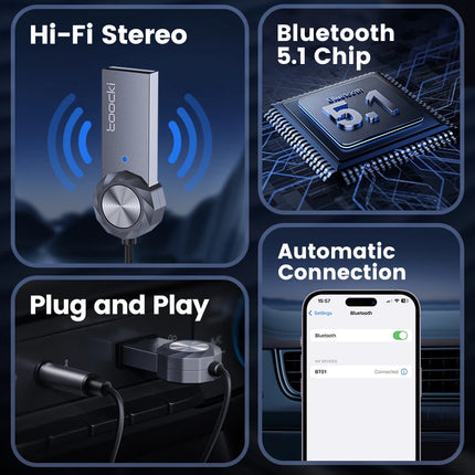 Toocki Wireless Bluetooth 5.1 Receiver Adapter 3.5mm Jack Audio Music Dongle USB Car Bluetooth Transmitter for Aux Car Speaker