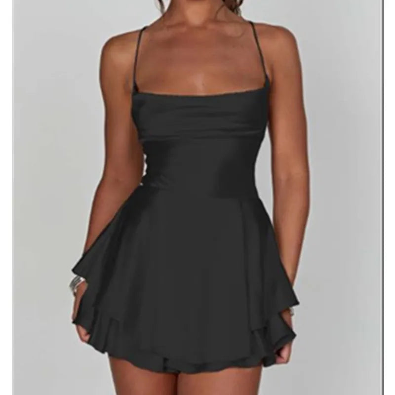 Women Sleeveless Satin Playsuits Fashion Summer Short Sling Backless Jumpsuits Cross Tie-Up Bandage Romper Streetwear Outfit