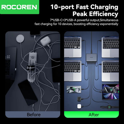 Rocoren 400W USB Type C Gan Charger Portable 10 in 1 Desktop Power Station Type-C Fast Charger For iPhone 16 Pro Max MacBook Air