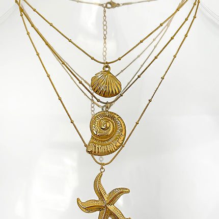 Peri'sbox Minimalist Starfish Stripe Conch Scallop Shaped Pendant Necklace for Women Waterproof Trend Jewelry Summer Beach Party