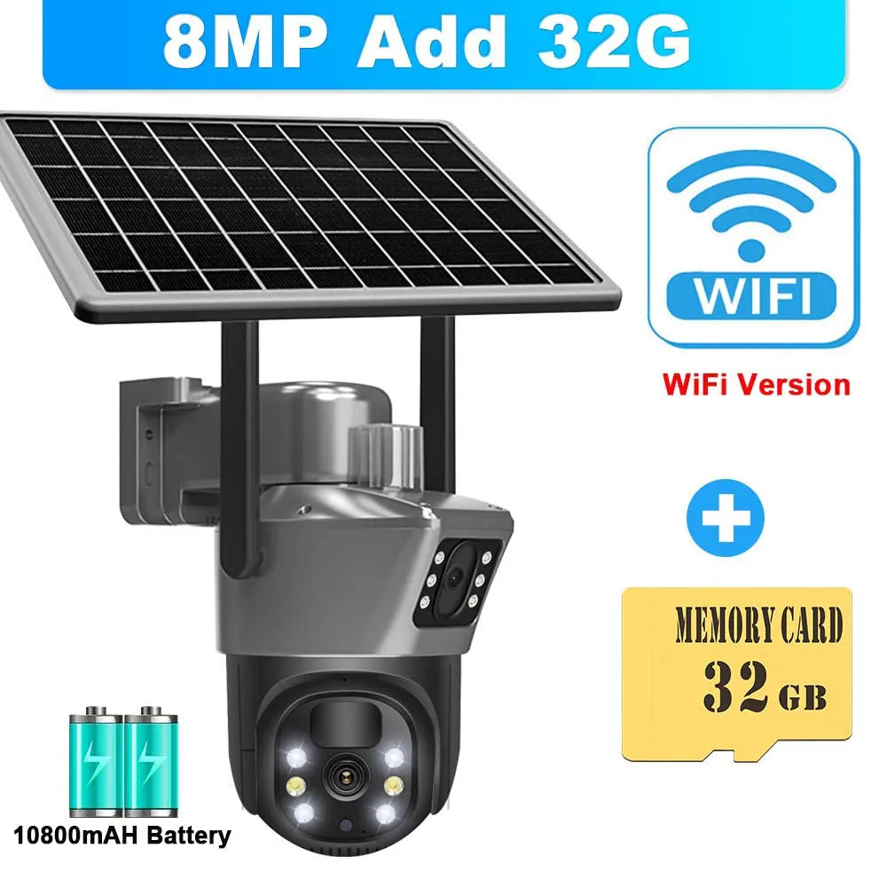 8MP 4K WiFi Solar Camera Outdoor Wireless CCTV Surveillance Camera With Solar Panel Dual Lens PTZ IP Cam Security Protection