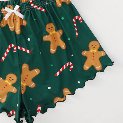 Women's 2pcs Cute Soft Comfy Christmas Set Cartoon  Print Strap Top Santa Claus Shorts Home Suit Sexy Pajamas