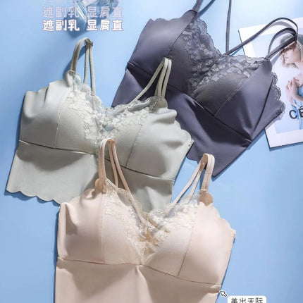 French Lace Beautiful Back Bra Fixed All-in-one Cup Comfortable and Push-up Traceless Wire-free Breast-retracting Sexy Sling