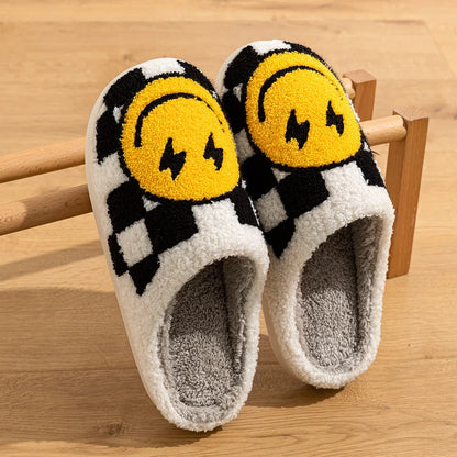 Women's Slippers Winter Warm Indoor Lightning Smile Face Cartoon Funny Soft Sole Non-slip Bedroom Comfy Flat Cotton Houseshoes