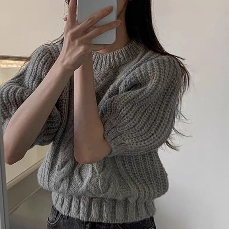 summer autumn Women's Knitted Pullover Fashion puff Sleeve solid Sweater crop Top Elegant loose Lapel Knitted Pullover gray Tops