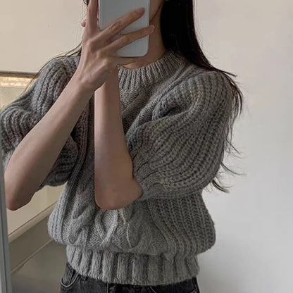 summer autumn Women's Knitted Pullover Fashion puff Sleeve solid Sweater crop Top Elegant loose Lapel Knitted Pullover gray Tops