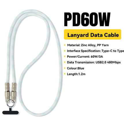 Essager 60W Type C To Type C Fast Charging Cable  For iPhone 16 Xiaomi Huawei  Lanyard  Halter Neck Wrist Multifunctional Cable