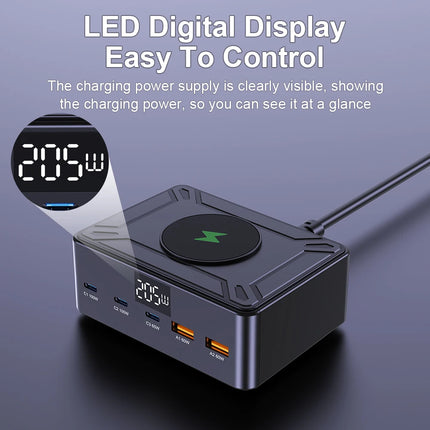 Ueetop 205W GaN Charger Digital Display Desktop USB Type C Charger PD 100W PPS 45W QC4.0 Fast Charging For Laptop Tablet Phone