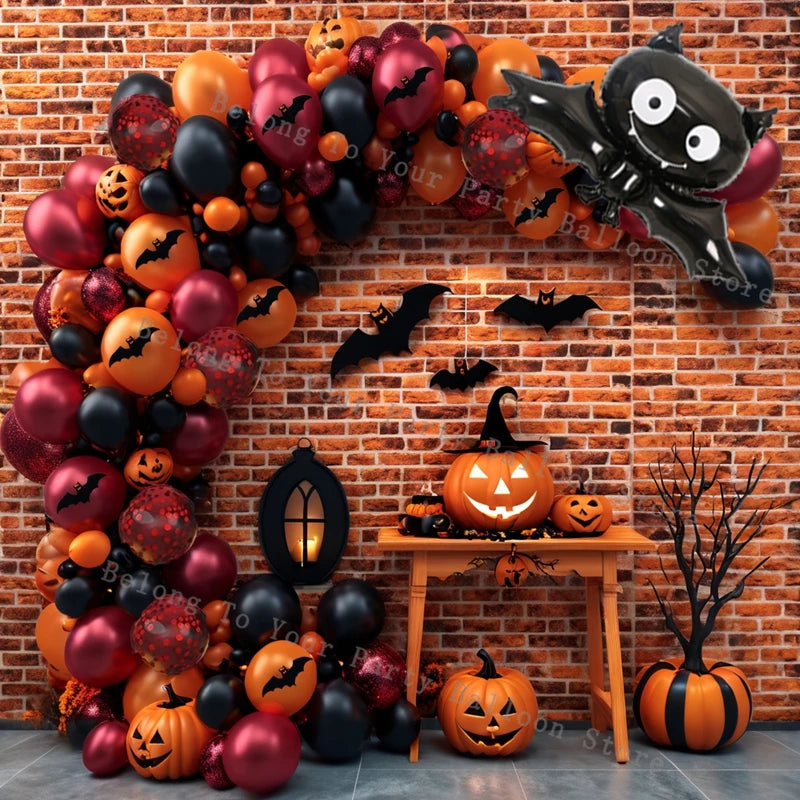 Halloween Pumpkin Balloons Garland Arch Kit Orange Black Balloon 3D Bat Sticker Eye Globos Birthday Party Halloween Decorations