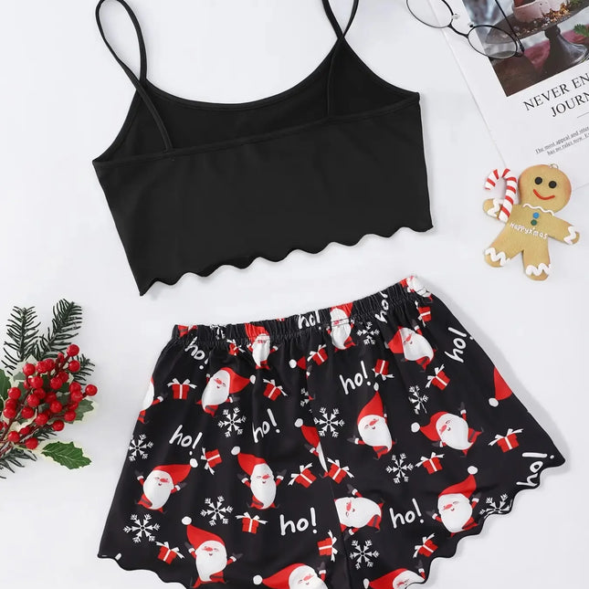 Women's 2pcs Cute Soft Comfy  Christmas Sexy Sleepwear  Santa Print Sleeveless  Cami Top & Shorts Homewear Pajama Set Loungewear