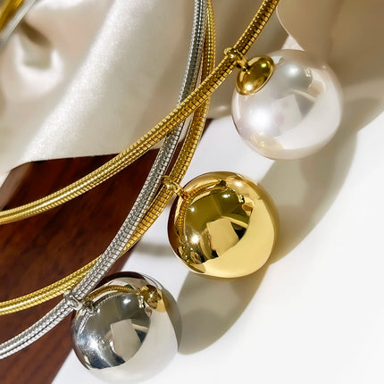 Peri'sbox Simple Imitation Pearl Globular Pendant Necklace for Women Stainless Steel Gold Plated Non-fade Hip-Hop Trendy Jewelry