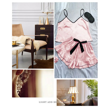 Women's Smooth Satin Pajamas V-Neck T-Shirt Ruffled Edges And Bow Shorts Simple And Breathable Pajama Set Sling Home Clothing