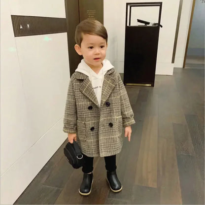 Autumn Winter Boys Fashion Jacket Solid Color Lapel Double-Breasted Long Woollen Overcoat For 2-6 Years Boys Handsome Outwear
