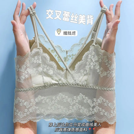French Lace Beautiful Back Bra Fixed All-in-one Cup Comfortable and Push-up Traceless Wire-free Breast-retracting Sexy Sling