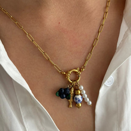 Peri'sbox Statement Trendy Imitation Pearl Grape Blueberry Shell Pendant Necklace for Women Stainless Steel Creative Accessories