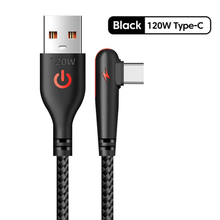 120W USB C Cable 90 Degree For OPPO Fast Charging Cord For Samsung S21 xiaomi 14 iPhone15 Quick Charging Data Wire Charger Cable