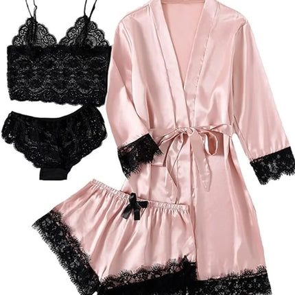 Women's Satin Pajama Set 4pcs Floral Lace Trim Cami Lingerie Sleepwear with Robe Sleepwear Lace Cami Shorts Loungewear Pink