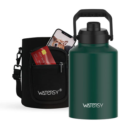 Watersy 68oz/128oz Stainless Steel Water Jug Black Big thermos Large Water Bottle with Handle for Gym,Hiking,Camping&Travel
