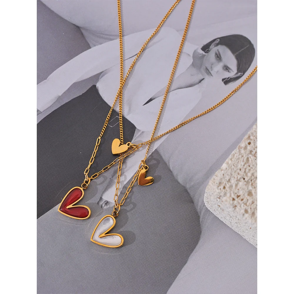 Yhpup Red Enamel White Natural Shell Stainless Steel Heart Pendant Necklace Trendy Exquisite Jewelry Attractive Accessories