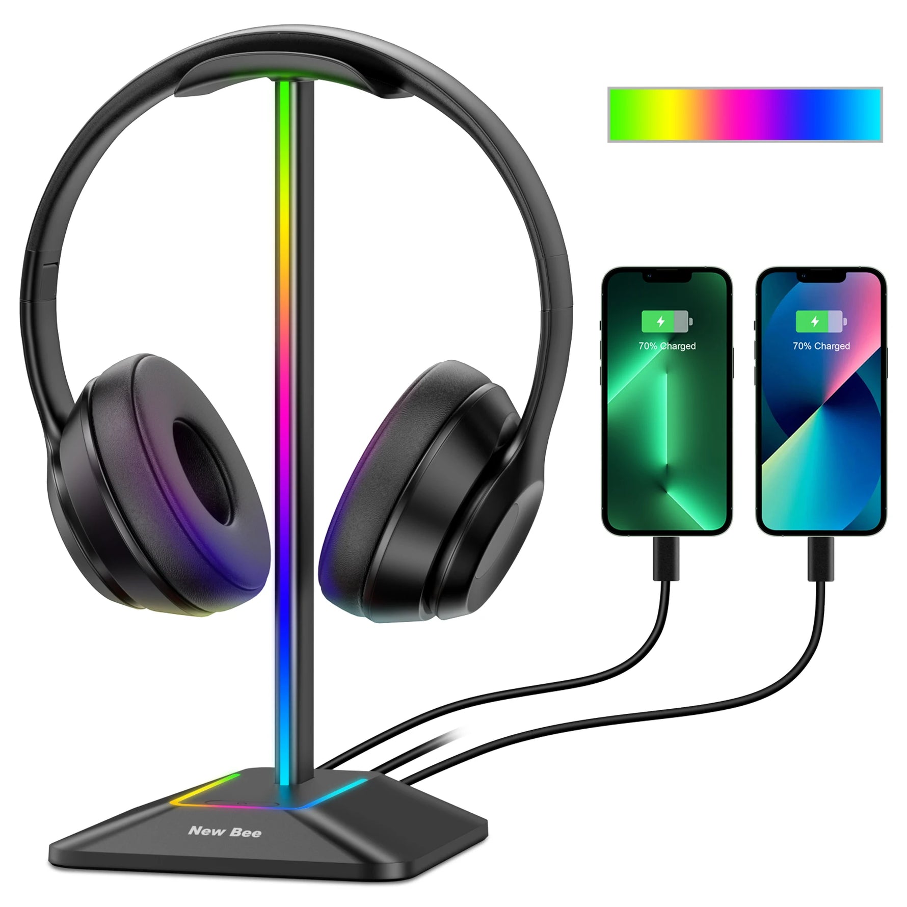 RGB Headphones Stand Holder Desk Gaming Headset with 2 USB Ports Cool Display Holder Non-Slip Rubber Base for Gamer