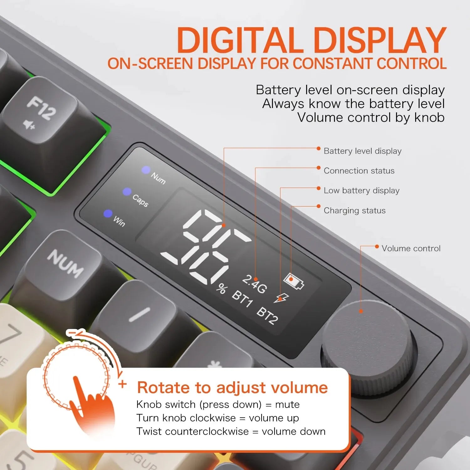 FreeWolf M96 Wireless Keyboard with Screen,Gaming Keyboard Bluetooth Dual-Mode Connection,Multi-Device Linking,Ergonomic