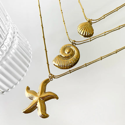 Peri'sbox Minimalist Starfish Stripe Conch Scallop Shaped Pendant Necklace for Women Waterproof Trend Jewelry Summer Beach Party