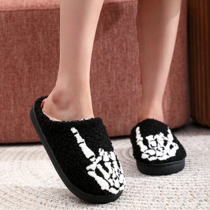 Skull Finger Pattern Skull Embroider Plush Home Thick-Soled Comfortable Woolen Cotton Slippers Rock Finger Warm Non-Slip Indoor Slippers for Men and Women Halloween Gifts